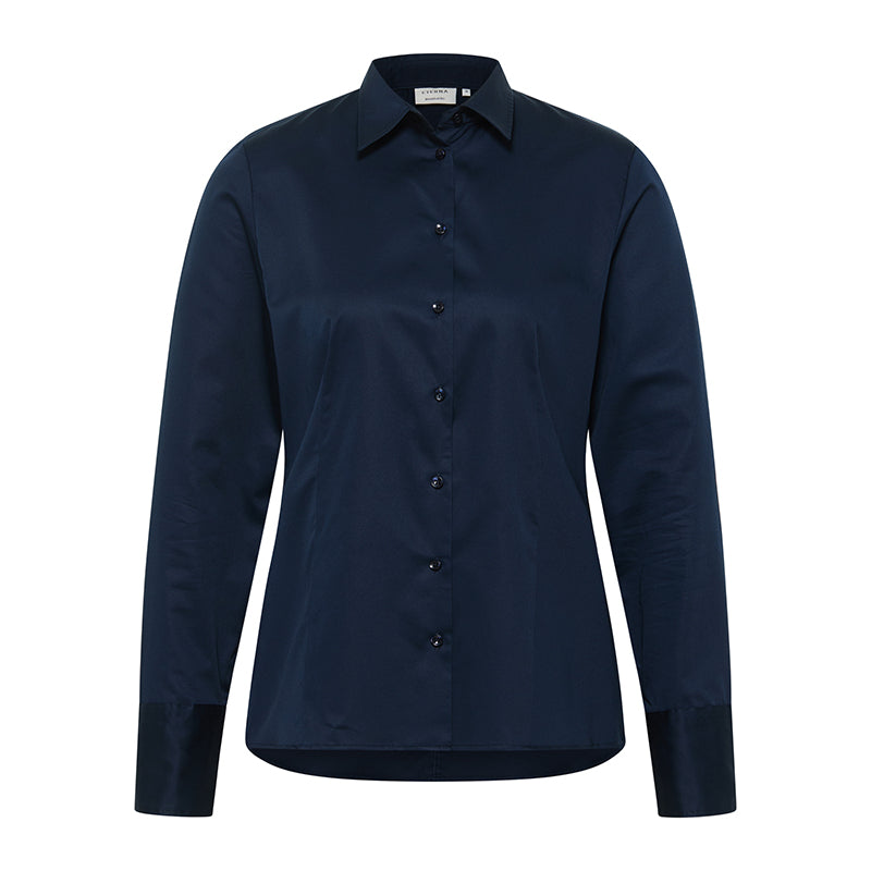 Eterna Satin Shirt navy dameskjorte regular fit i bomuldssatin med stretch